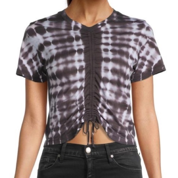 MONROW Tie Dye Drawstring Cropped V-neck Ruched Tee Size S - Picture 1 of 7